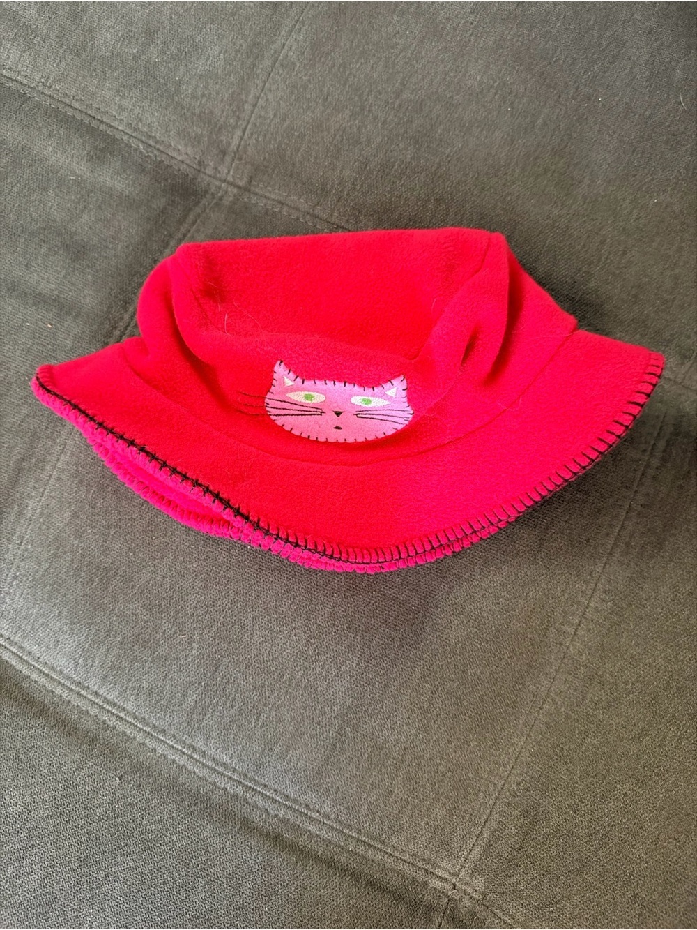 Lands' End Bright Pink Fleece Bucket Hat with Cat Patch